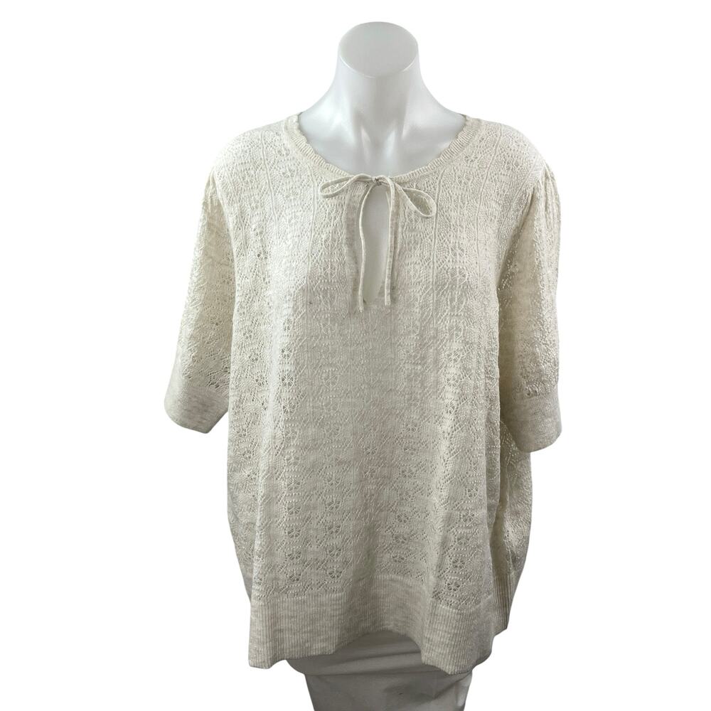 Old Navy Women's White Wool Knit Crochet Tie Short Sleeve Sweater Top Size 3X
